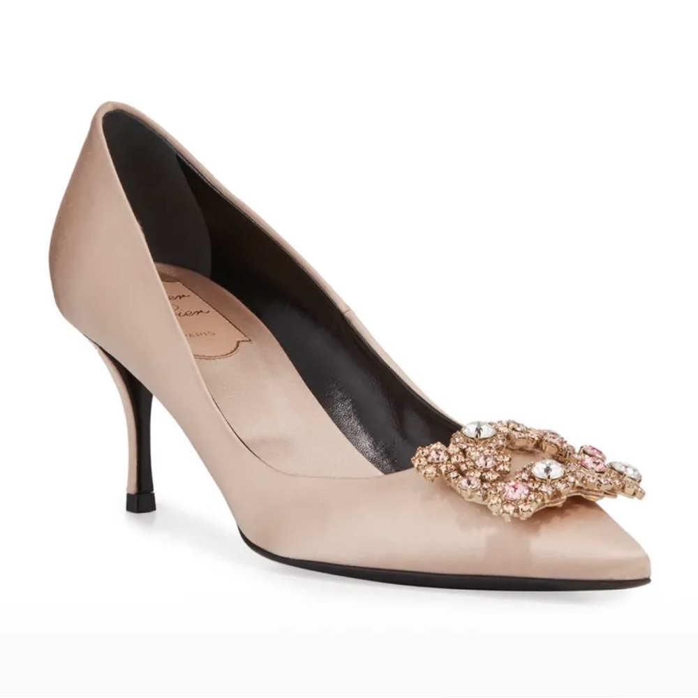 Roger Vivier flower strass satin pump in champagne new in box size 35 1/2